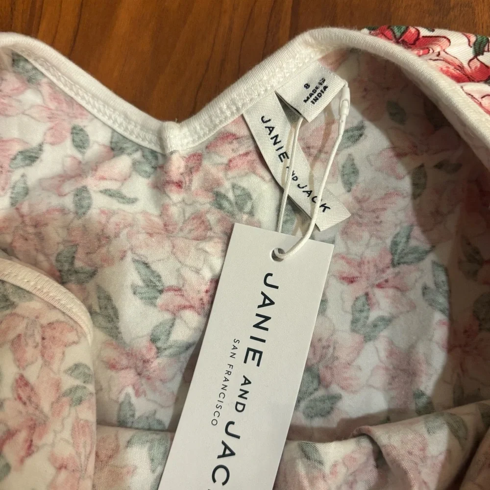 NWT Janie and Jack Pink Green Floral Dress Girls 8 Ruffled V-neck